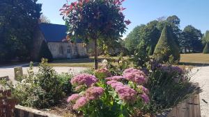 un jardín con flores rosas frente a una casa en L'annexe du Plessis Bochard en Saint-Pierre-des-Nids