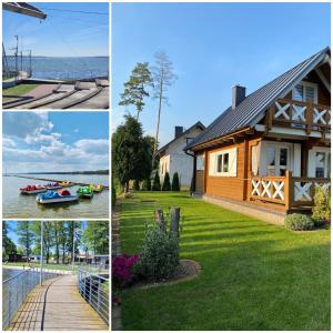 a collage of pictures of a house and a boat at Drewniany domek nad Miedwiem in Morzyczyn
