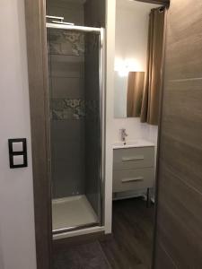 W łazience znajduje się prysznic i umywalka. w obiekcie Les Mouettes, à moins de 50 Métres de la plage w mieście Veulettes-sur-Mer