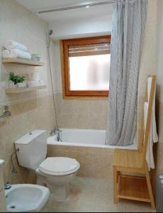 a bathroom with a toilet and a tub and a window at Origen Pelaire Refugio Tena Centro Biescas con encanto UbicacionTop in Biescas +28 photos