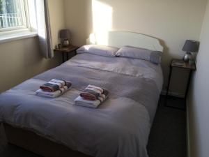 sypialnia z łóżkiem z ręcznikami w obiekcie Widemouth Waves Holiday Chalet w mieście Poundstock