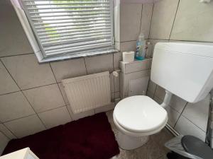 een kleine badkamer met een wit toilet en een raam bij Tiny House in Burig