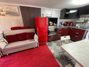 Tiny House في Burig: مطبخ مع ثلاجة حمراء وسجادة حمراء