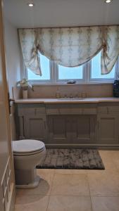 a bathroom with a toilet and a window at Greater London Villa in Chelsfield