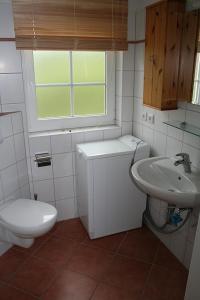 a small bathroom with a toilet and a sink at See in Sicht in Sternberg