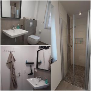 - deux photos d'une salle de bains avec un lavabo et une douche dans l'établissement Hoppetosse, à Greetsiel