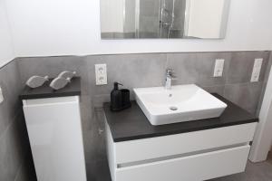 a bathroom with a white sink and a mirror at Zinnenhuus 1 in Greetsiel +14 photos