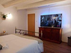 ein Schlafzimmer mit einem Bett und einem Flachbildfernseher in der Unterkunft Villa Nona Tamara with Astonishing Sea & Mountains View in Bribir