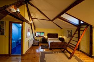 a bedroom with a bed and a ladder in a room at La Cochera de Somao, casona de tipología indiana in Somado