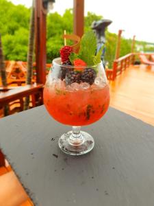 a drink with berries in it sitting on a table at Roatan Yacht Club and Dive Center in Roatan