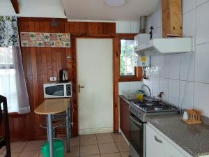 a small kitchen with a microwave and a stove at Cabañas La Travesía in Choshuenco