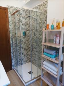 a shower in a bathroom with a glass wall at Casa Mimosa Holiday Room in Sperlonga