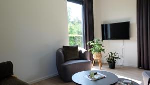 TV a/nebo společenská místnost v ubytování The White Oak - Luxe 4 persoons bungalow met prive sauna