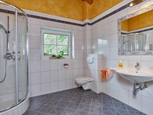 ein Bad mit einem WC, einem Waschbecken und einer Dusche in der Unterkunft Andy's Apartment in Längenfeld
