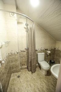 a bathroom with a shower and a toilet and a sink at Dogona Apartment in Tbilisi City