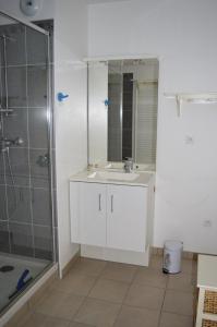 W łazience znajduje się biała umywalka i prysznic. w obiekcie Appartement spacieux avec balcon - à 50m de la plage w mieście Courseulles-sur-Mer