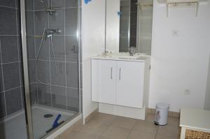 W łazience znajduje się prysznic, umywalka i toaleta. w obiekcie Appartement spacieux avec balcon - à 50m de la plage w mieście Courseulles-sur-Mer +14 zdjęć
