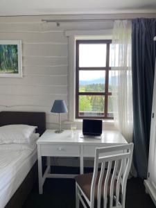 a bedroom with a bed and a desk with a laptop at Blyzhche Neba in Yablunytsya