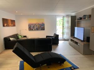 ein Wohnzimmer mit einem schwarzen Sofa und einem TV in der Unterkunft Ferienhaus Relax - Modernes Haus auf großem Grundstück im Grünen in Saarbrücken