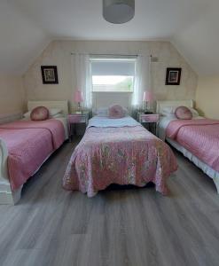 a bedroom with two beds with pink sheets and a window at Brandon View House B&B in Graiguenamanagh