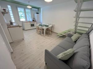 salon z szarą kanapą i kuchnią w obiekcie Helló Zsóry Apartman w Mezőkövesd