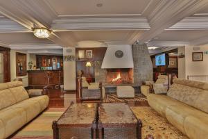a living room with a couch and a fireplace at Le Suisse Elegance Hotel in Campos do Jordão