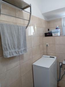a bathroom with a washing machine and a towel at Kastelanic apartman in Brbinj