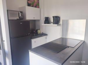 een keuken met een zwarte koelkast en een magnetron bij Studio cabine Romy in La Grande-Motte