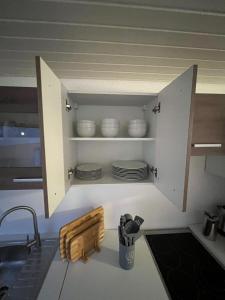una cocina con fregadero y platos en un armario en L8 Street - Bad Wildbad, en Bad Wildbad