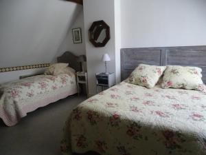 sypialnia z 2 łóżkami i lustrem na ścianie w obiekcie Moulin de la Follaine Gîte Le logis du meunier w mieście Azay-sur-Indre
