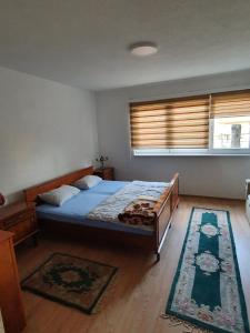 ヴィソコにあるApartmani Podvisokiのベッドルーム1室(ベッド1台、窓、ラグ付)