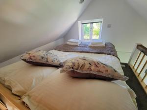 2 łóżka pojedyncze w pokoju z oknem w obiekcie Cae Hedd Holiday Cottages in the heart of Monmouthshire w mieście Llanfaenor
