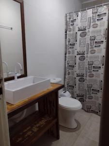 Casa no centro em Garopaba في غاروبابا: حمام مع حوض ومرحاض وستارة دش