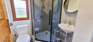 ein Badezimmer mit Dusche, Toilette und Waschbecken in der Unterkunft Domki Na Szlaku Bieszczady in Uherce Mineralne + 19 Fotos