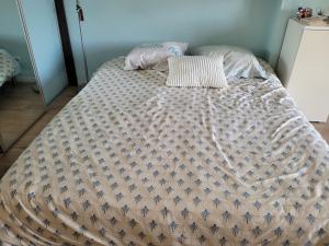 ein Bett in einem Schlafzimmer mit einer Tagesdecke mit Sternen darauf in der Unterkunft Beautiful property in front of Annecy Lake in Veyrier-du-Lac