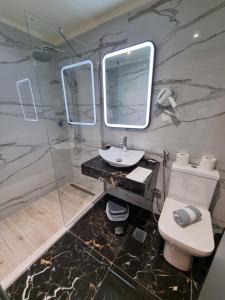 W łazience znajduje się umywalka, toaleta i lustro. w obiekcie City Space Suites w mieście Janitsa
