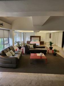 een woonkamer met 2 banken en een bed bij Hermoso Loft espectacular vista BosquesdelasLomas in Mexico-Stad