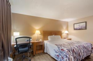 a hotel room with a bed and a desk and a chair at Red Roof Inn Dahlgren - Naval Base in Dahlgren