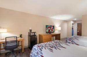 a hotel room with a bed and a desk and a television at Red Roof Inn Dahlgren - Naval Base in Dahlgren