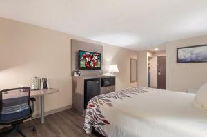 a hotel room with a bed and a desk and a tv at Red Roof Inn Dahlgren - Naval Base in Dahlgren