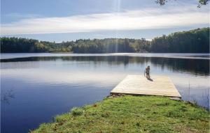 a person standing on a dock on a lake at Amazing Home In Perstorp With Sauna in Perstorp