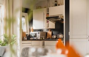 a kitchen with white cabinets and a microwave at Stunning Home In Tzummarum With Wifi in Tzummarum