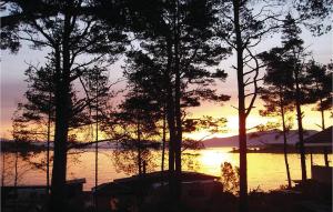a sunset over a body of water with trees at Nice Home In Sandvoll in Sandvoll