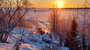 um pôr-do-sol de Inverno sobre a água com árvores e neve em House next door the Arctic Circle em Överkalix