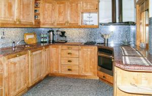 cocina con armarios de madera y fogones en Stunning Home In Skla With Wifi, en Røvik