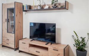 a flat screen tv sitting on top of a wooden cabinet at Amazing Home In Loipersdorf-kitzladen With 1 Bedrooms And Outdoor Swimming Pool in Kitzladen