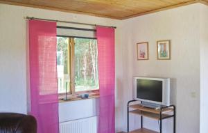 - un salon avec des rideaux roses et une télévision dans l'établissement Cozy Home In Nossebro With Kitchen, à Lekåsa
