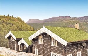 Stunning Home In Hemsedal With House Sea View في هيمسيدال: كابينة خشب بسقف عشبي مع جبال في الخلفية