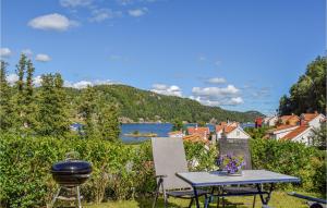 a grill and a table with a bbq and a town at Beautiful Home In Risør With Kitchen in Songe
