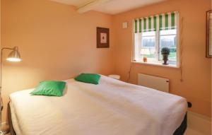 a bedroom with a bed with two green pillows on it at Gorgeous Home In stra Snnarslv With Kitchen in Östra Sönnarslöv